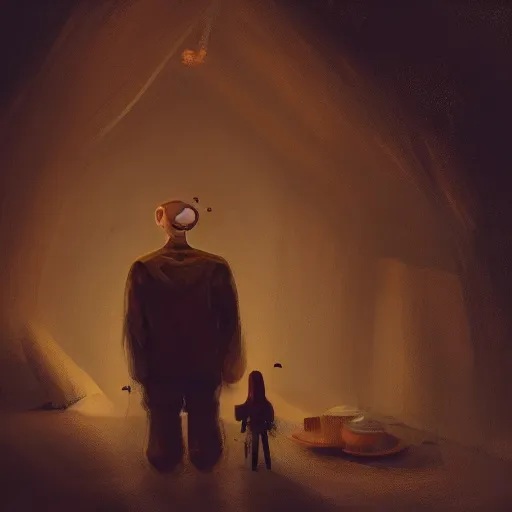 Image similar to dark attic with the man with a doll head, dark ,night, artstation