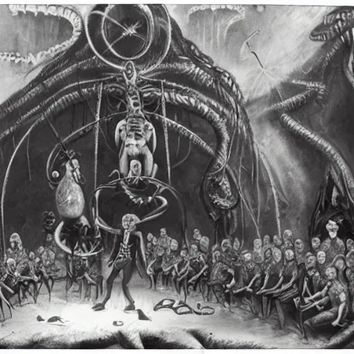 Image similar to historic photo, epic image of a Lovecraft circus with otherworldly beasts