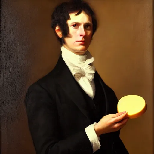 Image similar to portrait of a cat wearing a black suit jacket and holding a piece of cheese, tan vest, and white ascot, an american romanticism painting, a portrait painting, cgsociety, soft focus, oil on canvas