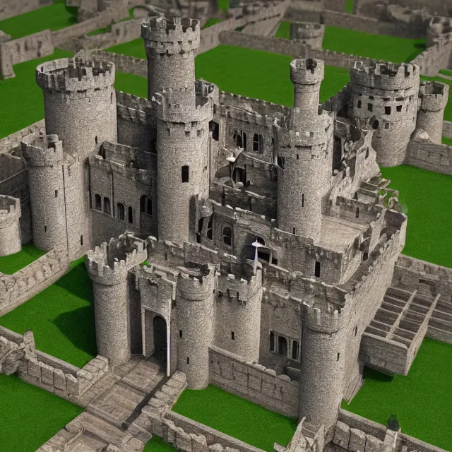 Image similar to complex 3 d render, hyper realistic, looking close up at a well maintained castle