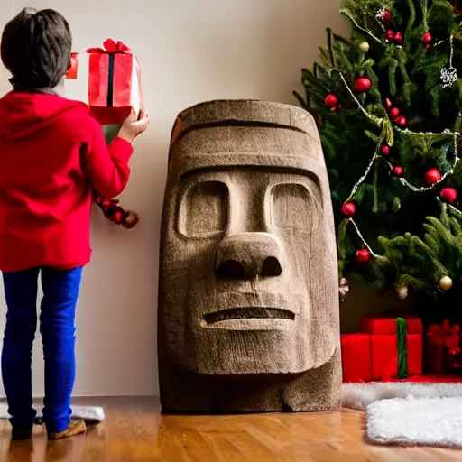 Image similar to a kid at christmas disappointed and sad that his present was a giant moai statue | inside of a house next to a christmas tree