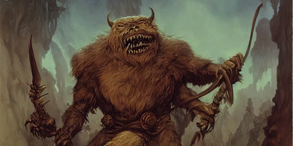 Image similar to quarter length portrait of a bugbear, d & d, fantasy, greg rutkowski, frank frazetta, alexandre chaudret, boris vallejo, michael whelan, miro petrov, hr giger, magali villeneuve, donato giancola gediminas pranckevicius