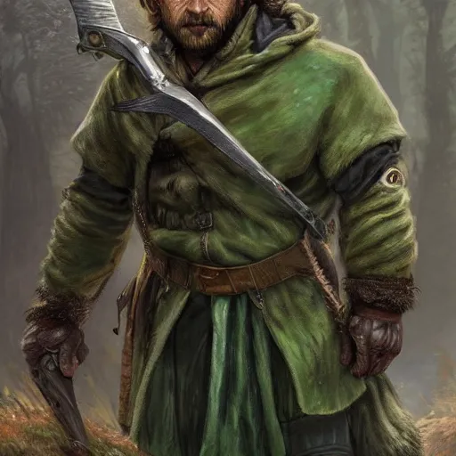 Image similar to a rugged warrior hobbit in leather armor with very short hair and a dark green cloak and dark green hood hiking through the forest holding a hunting bow, clean shaven, trending on artstation, realistic, detailed, by Tony Sart