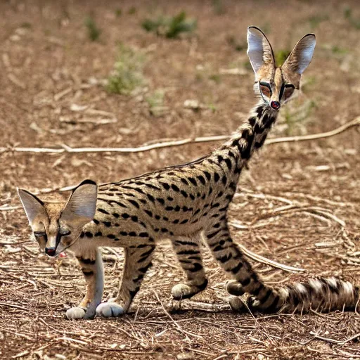 Image similar to photo of a serval whose torso is extremely long and thin and twisted into a coil, resembling a snake. it is in an oak forest. its tongue is a long forked snake - tongue. nature photography ; high - resolution.