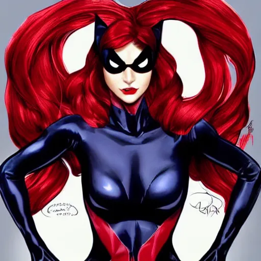 Image similar to catwoman in the style of spiderman, spiderman patterns, red and blue, long red wavy red hair by artgerm and greg rutkowski and alphonse mucha