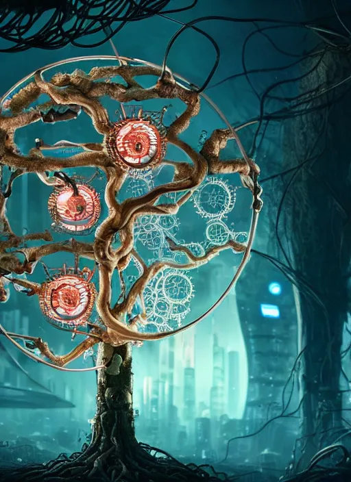 Image similar to intricate mechanical translucent apple with visible gears and components inside, growing off a tree, on the background of a weird magical mechanical forest. Very detailed 8k. Fantasy cyberpunk horror. Sharp. Cinematic post-processing