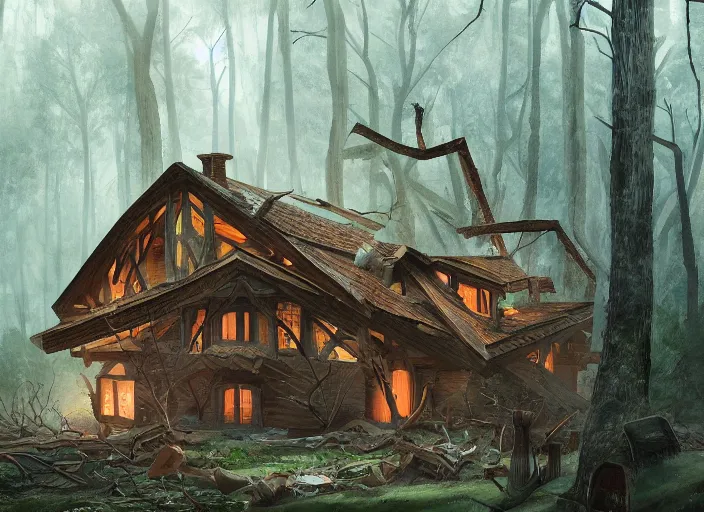 Prompt: a house made of woods is hit by a tornado in a mystical forest full of wonders, pine trees, magical atmosphere, trending on artstation, 30mm, by Noah Bradley trending on ArtStation, deviantart, high detail, stylized portrait H 704