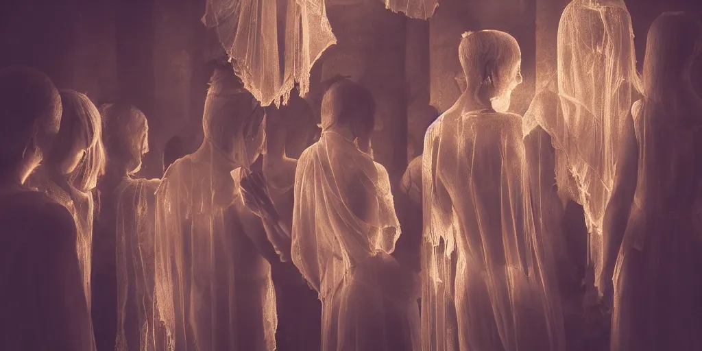 Image similar to love, groups of translucent people with short glowing hair, from behind, rebirth, wide angle, cinematic atmosphere, elaborate, highly detailed, dramatic lighting