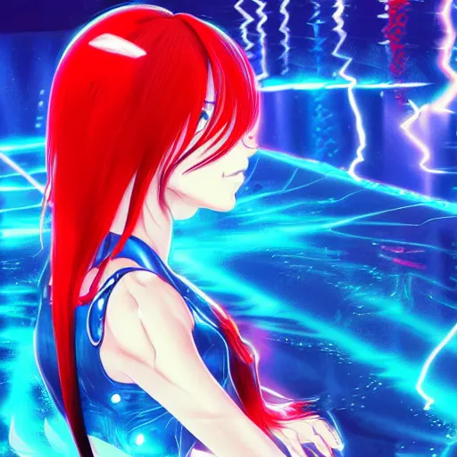 Image similar to digital anime!!, cyborg - girl standing in a azure blue crystal lake, lightning, raining!!, water refractions!!, black red long hair!, biomechanical details, neon background lighting, reflections, wlop, ilya kuvshinov, artgerm