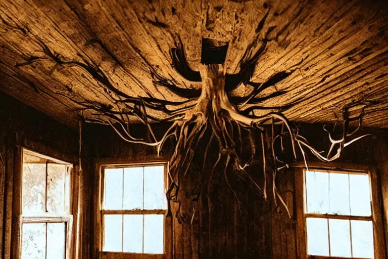 Image similar to film still of a six legged monster clinging to the ceiling of an old cabin's living room, horror movie, eerie, creepy, dark, amazing lighting, great cinematography, directed by scott derrickson