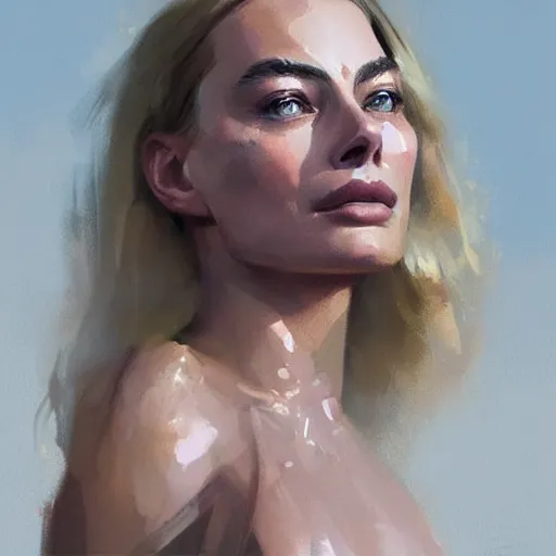 Image similar to “Portrait of Margot Robbie by Greg Rutkowski, young, attractive, highly detailed portrait, scifi, digital painting, artstation, concept art, smooth, sharp foccus ilustration, Artstation HQ”