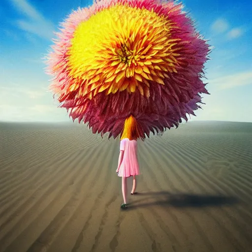 Image similar to closeup gigantic dahlia flower under head, a girl walking between dunes, surreal photography, sunrise, blue sky, dramatic light, impressionist painting, digital painting, artstation, simon stalenhag