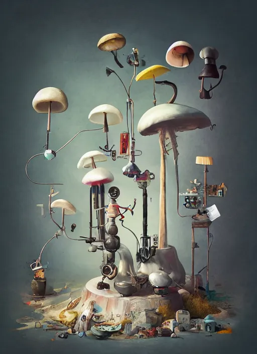 Image similar to a lively and whimsical apothecary where chrome robots shop grows from the stalk of a giant mushroom, cgsociety, siggraph, dystopian scifi, concept art, set design, oleg oprisco, conrad roset, anka zhuravleva, gediminas pranckevicius