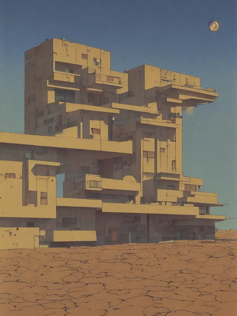 Prompt: a psychedelic hallucination of a brutalist hotel in the high plains desert, by kawase hasui, moebius, edward hopper, colorful flat surreal design, dramatic lighting, hd, 8 k, artstation