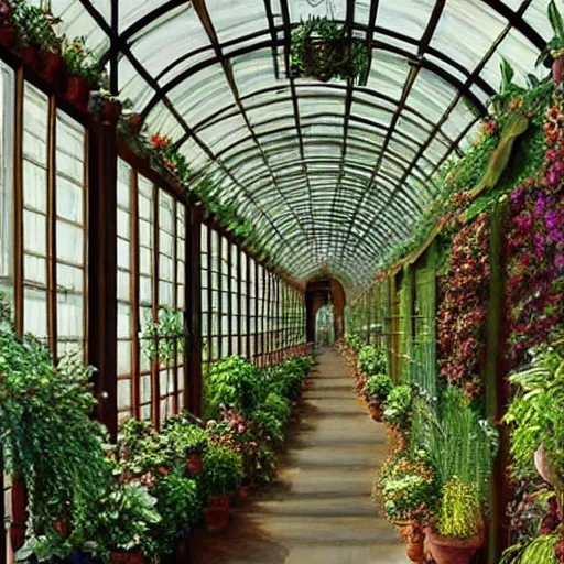 Prompt: victorian greenhouse corridor decorated with potted plants, hyper realism