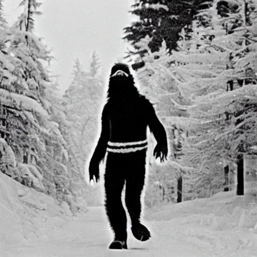 Image similar to a picture of bigfoot wearing a black and white striped ski mask and walking towards a store, taken on a WW2 camera.