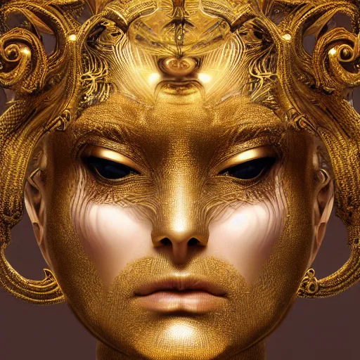 Prompt: a beautiful symmetrical face made of golden ornaments by alex gray and android jones , Karol Bak, Ayami Kojima, Amano , 3D, 8k resolution