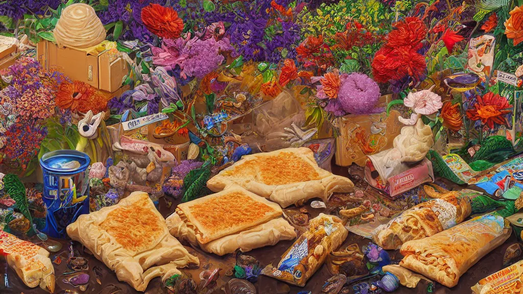 Image similar to highly detailed oil painting of a box of hot pockets surrounded by all the known species of flowers by olaf hayek, by moebius, by oliver vernon, by joseph moncada, by damon soule, by manabu ikeda, by kyle hotz, by dan mumford, by kilian eng