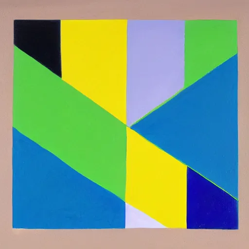 Image similar to painting, four rectangle and one triangle shapes ( colors : blue, yellow, green ), divided by black lines