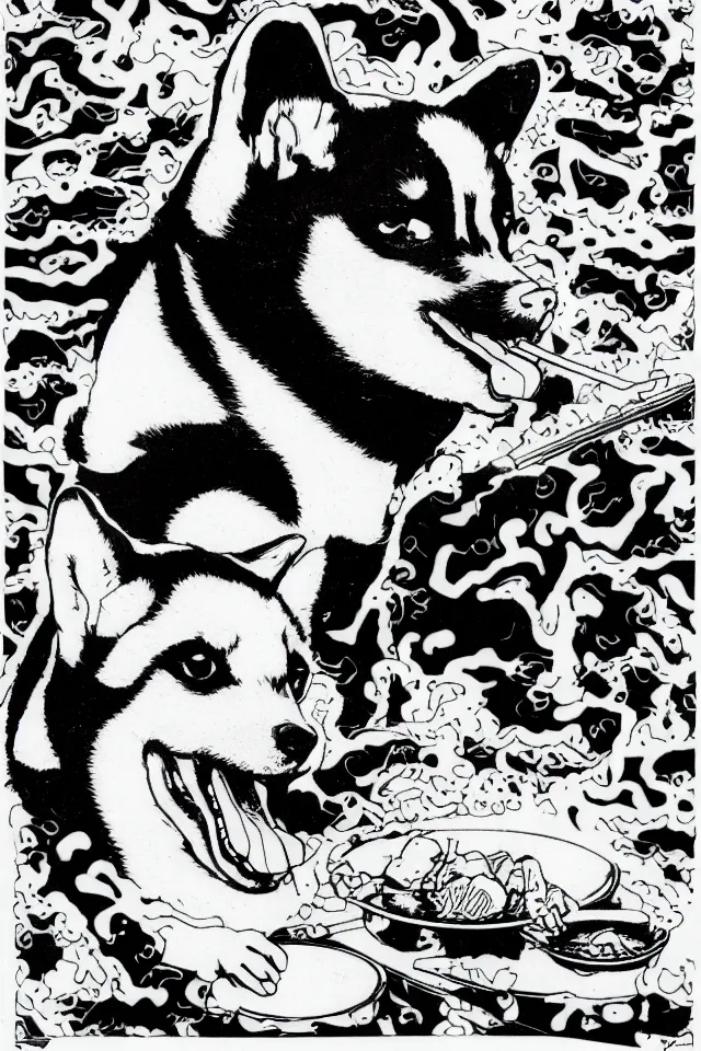 Image similar to a portrait of a shiba inu eating sushi, in the art style of shoihei otomo, realistic, highly detailed, b & w