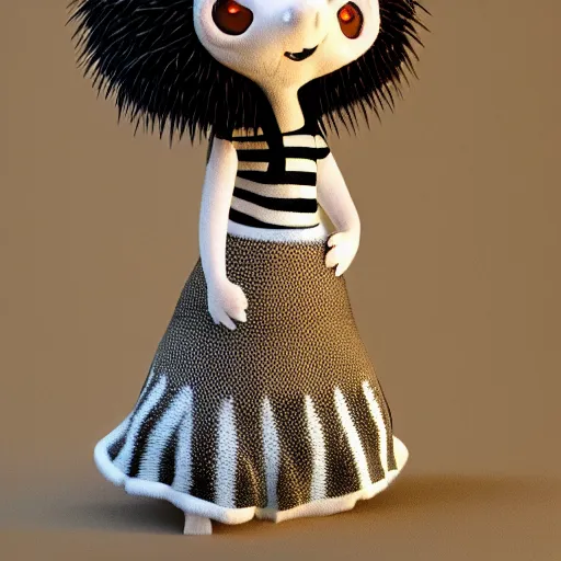 Image similar to cute fumo plush of a hedgehog girl with prickly spines, character design contest winner, silhouette, artstation, vray, anime girl, black and white, striped gothic dress, regal