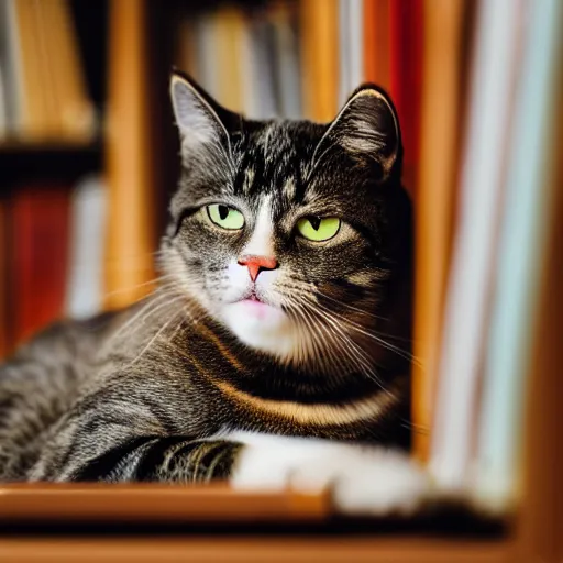 Prompt: a portrait of a cat in a library, sigma 8 5 mm f / 1. 4