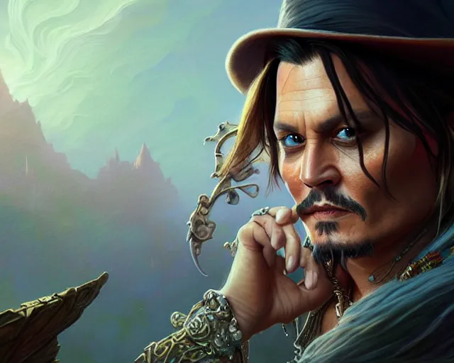 Prompt: digital art of johnny depp, deep focus, d & d, fantasy, intricate, elegant, highly detailed, digital painting, artstation, concept art, matte, sharp focus, illustration, hearthstone, art by artgerm and greg rutkowski and alphonse mucha