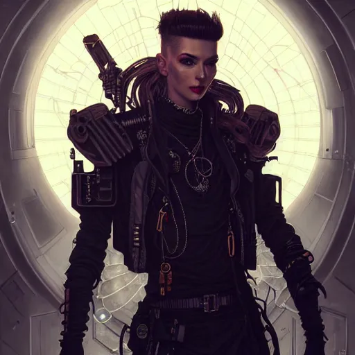 Image similar to portrait painting of a cyberpunk elf mercenary bill kaulitz, ultra realistic, concept art, intricate details, eerie, highly detailed, photorealistic, octane render, 8 k, unreal engine. art by artgerm and greg rutkowski and charlie bowater and magali villeneuve and alphonse mucha