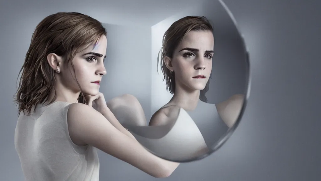 Prompt: a photorealistic dramatic emma watson looking into a broken mirror, ultra realistic details, glossy surface, global illumination, shadows, dark background, octane render, 8 k