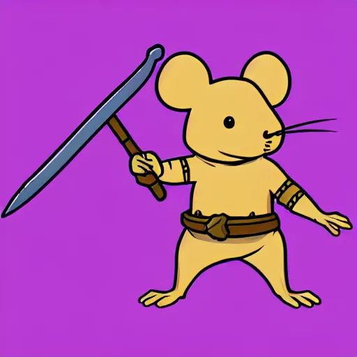 Prompt: armored mouse warrior holding a sword reaches for a purple crystal, trending on Artstation, Minimal Illustration, Sticker, Flash