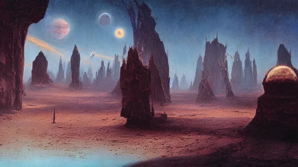 Prompt: otherworldly atmosphere of emissary space by arthur haas and bruce pennington and john schoenherr, cinematic matte painting