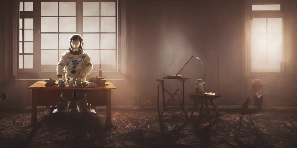 Prompt: a cosmonaut in a spacesuit drinks a steaming cup of tea alone at an old wooden desk in a richly decorated keral house. the autumn light comes in through a window and dimly illuminates the room, diffuse light, octane render, 4k, matte painting