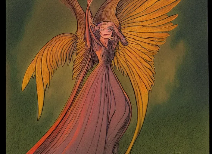 Prompt: a portrait illustration by charles vess of radiant winged seraph with iridescent, spread wings in the shape of a vulva!!!, it's face concealed by the bulb of the vestibule