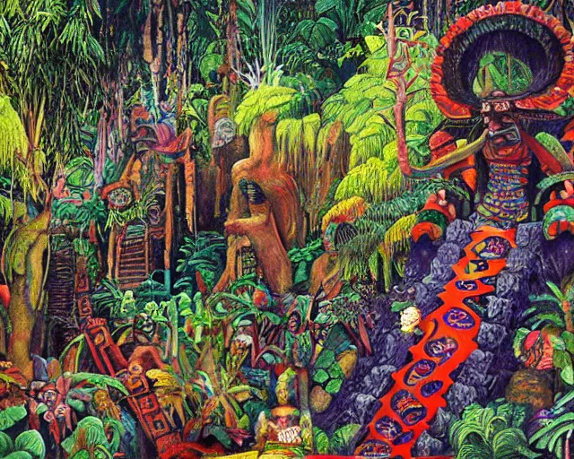 Prompt: surreal colorful nightmarish garden las pozas, mayan jaguar warrior, artwork by ralph bakshi and diego rivera