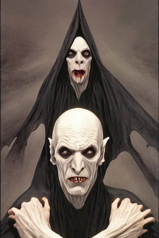 Image similar to a bald vampire wearing a long black robe with large bat ears huge black eyes and gray skin, character art, nosferatu, painting by wayne barlowe