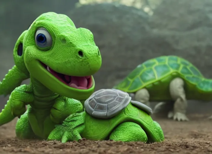 Image similar to film still of yoshi in the new sci - fi movie, cute upright dinosaur with a small turtle shell and long tongue, 8 k