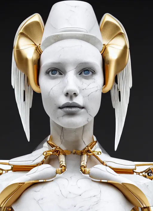 Image similar to a statue made of white marble with gold veins, of an beautiful gorgeous futuristic cybernetic angel girl, prostheses, transhumanism, full body shot, perfect symmetrical body, perfect symmetrical face, hyper realistic, hyper detailed, by johannen voss, by peter kemp, by monia merlo, by michelangelo, octane render, blender, 8 k