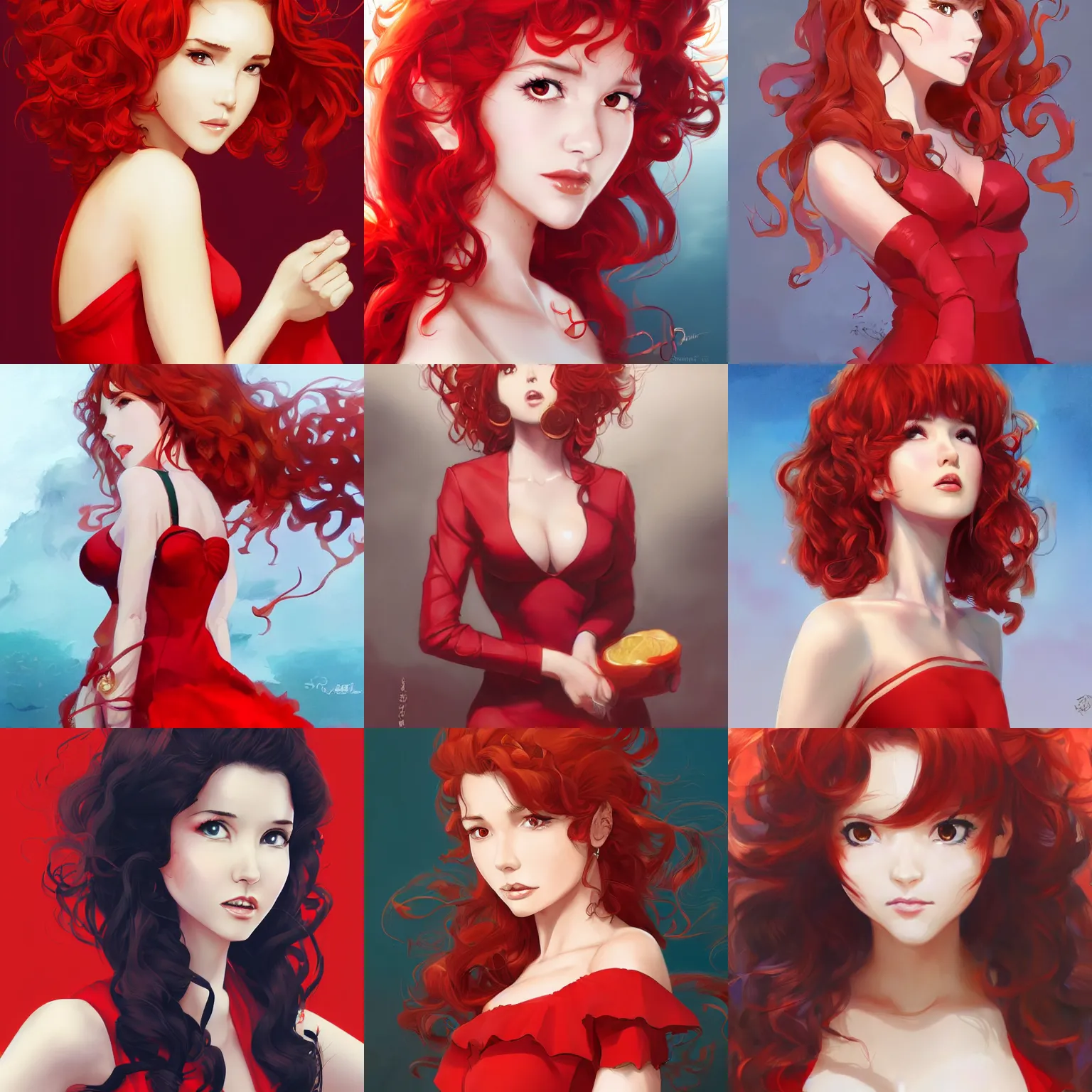 Prompt: A medium shot anime portrait of Natalia Oreiro with curly ginger hair wearing a red dress, by Stanley Artgerm Lau, WLOP, by Rossdraws, by James Jean, by Andrei Riabovitchev, by Marc Simonetti, and by Sakimi chan, trending on artstation