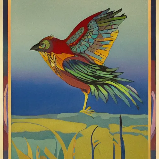 Image similar to by n. c. wyeth psychedelic purple monumental, incredible. a beautiful conceptual art of a bird in its natural habitat. the bird is shown in great detail, with its colorful plumage & intricate patterns. the background is a simple but detailed landscape, with trees, bushes, & a river.