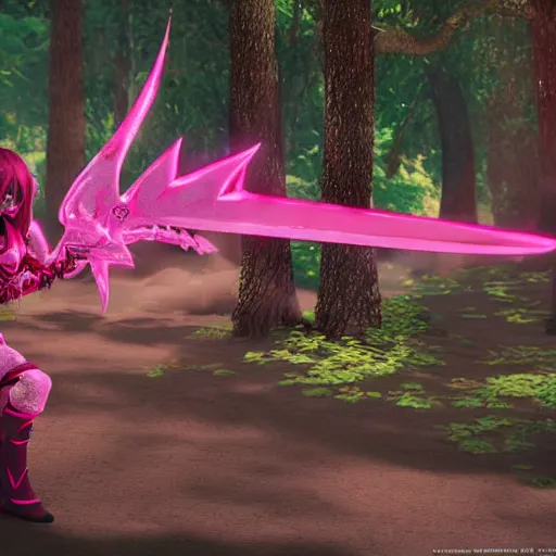 Image similar to a anime girl dressed in a pink knight armor fights a huge red dragon in the deep forest, smiling girl with a sword, highly detailed, intrusion fantasy, unreal engine