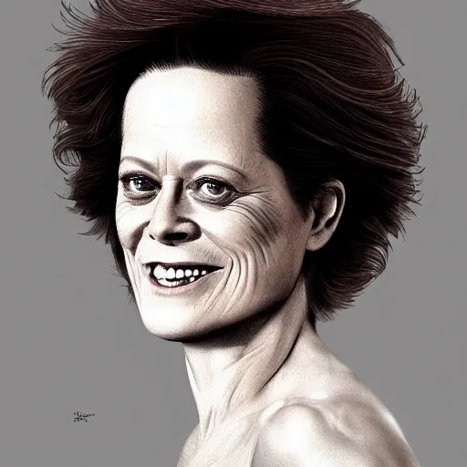 Prompt: sigourney weaver, smiling, happy, beautiful, intelligent, powerful, white hair, loving eyes, fully clothed, wise, beautiful, dramatic lighting, sharp focus, by stanley artgerm, dramatic lighting, trending on artstation, flat colour, geometric curves, gradient filter, art deco patterns