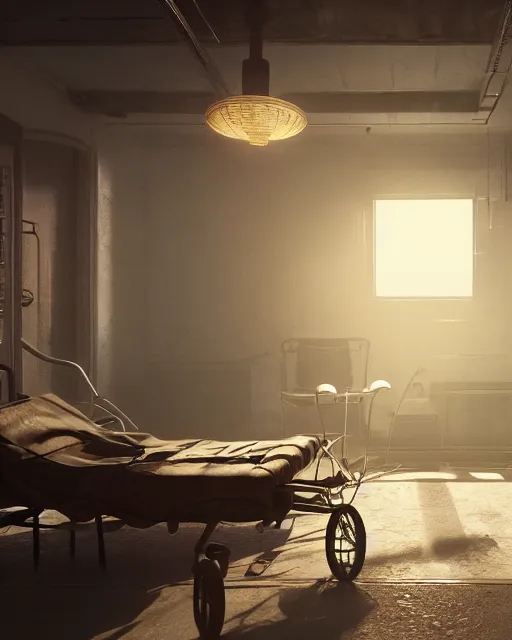 Image similar to artstation scifi scene of a shabby chinese ward, a bouquet of light on the ground business card, ceiling fan, wheelchair, crutches, beds, dust, paneled walls, unreal engine 5, hyper realism, realistic shading, cinematic composition, blender render, octane render, hdr, detailed textures, photorealistic, wide shot