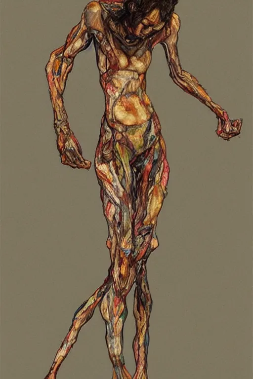 Image similar to a full body character with lifted arms in style of herakut and egon schiele, masterpiece, centered, hyperdetailed, complex, intricate, veiled, 4 k, dynamic!! trending on artstation,