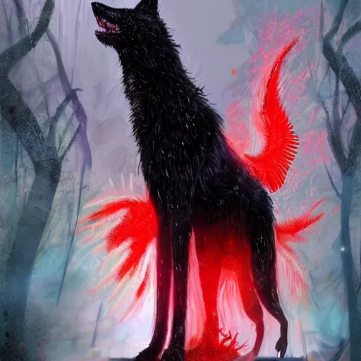 black wolf with red eyes, red dreds and wings, | Stable Diffusion | OpenArt