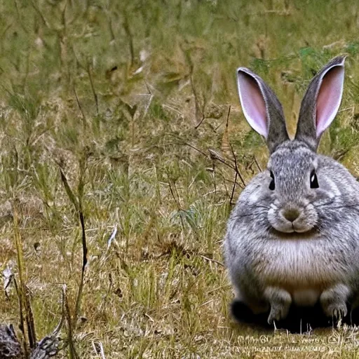 Prompt: fat rabbit smoking a cigarette, trail cam footage