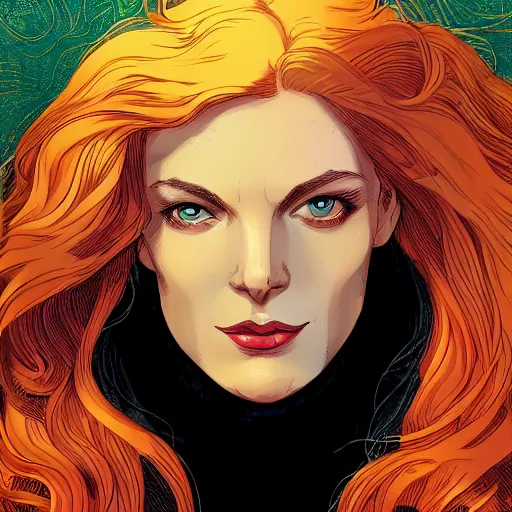 Prompt: portrait of jean grey, a beautiful woman in her 3 0 s, with red hair and green eyes, detailed face, beautiful face, delicate features, smooth, sharp focus, graphic novel, art by james jean and victo ngai and david rubin,