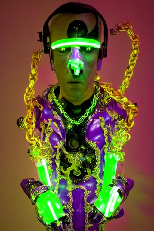 Image similar to full-body neon porcelain baroque cyberpunk style sculpture of a muscular handsome prince as a half-robot wearing retro shades, ruptured battery, leaking glowing neon radioactive liquid, electric sparks, glowing violet laser beam eyes, crown of giant diamonds, gold chain steampunk necklace, flowing purple satin, luminescent fabrics, mechanical roses. baroque and steampunk elements. full-length view. baroque element. intricate artwork by caravaggio. Trending on artstation, octane render, cinematic lighting from the right, hyper realism, octane render, 8k, depth of field, 3D