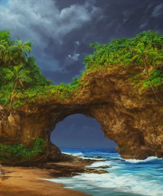 Prompt: photorealistic painting of turtle bay beach jamaica, sharp cliffs, island with cave, dark, atmospheric, brooding, smooth, finely detailed, cinematic, epic, in the style of larry elmore