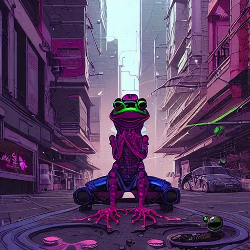 Image similar to A cyberpunk frog cyborg eats on the street of a cyberpunk city art by Josan Gonzalez, sci-fi, highly detailed, digital painting, artstation, smooth, sharp focus, illustration, concept art by Josan Gonzalez and James Gurney and Mœbius