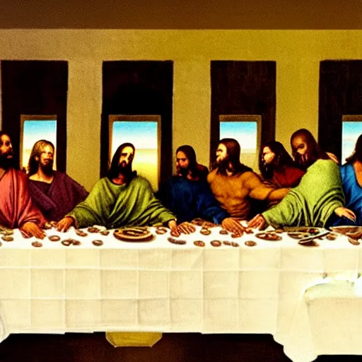 Image similar to Kanye West as Jesus in the Last Supper painting